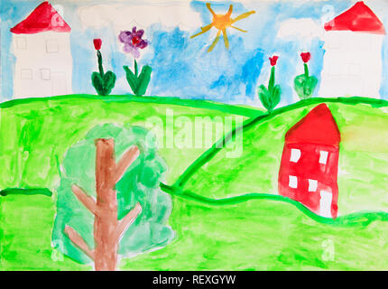 Zeichnung des Kindes von Häusern Wiese und Blumen. Helle Farben des Sommers. Kindische Art Artwork von Aquarellen. Kinder- zeichnung Aquarellfarbe Stockfoto