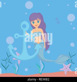 Süße Meerjungfrau und über Meer Hintergrund Anker, farbenfrohen Design. Vector Illustration Stock Vektor