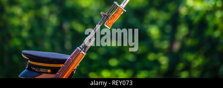 Der Kopf und der Hut eines US Army Soldat sein Gewehr auf Wache. Stockfoto