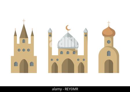 Einstellen der Symbole von religiösen Gebäuden. Vector Illustration. Katholischen und orthodoxen Kirchen. Moschee. Stock Vektor