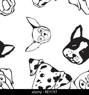 Nahtlose Muster mit Hunderassen. Bulldogge, Husky, Alaskan Malamute, Retriever, Dobermann, Pudel, Mops, Shar Pei, Dalmatinische Stock Vektor