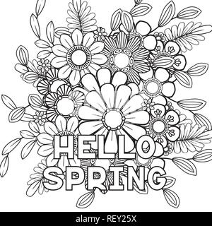 Hallo Frühling Färbung Seite mit schönen Blumen. Schwarze und weiße Vector Illustration. Grußkarte Vorlage. Auf weissem Hintergrund Stock Vektor