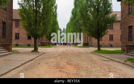 Oswiecim, Polen - 11. Juli 2018. Die Besucher gehen um das Konzentrationslager Auschwitz in Polen im Regen Stockfoto