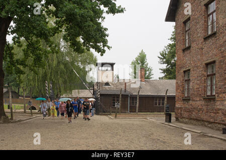 Oswiecim, Polen - 11. Juli 2018. Besucher in einer Reisegruppe im KZ Auschwitz Stockfoto