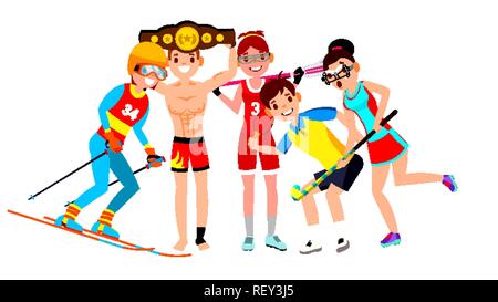 Athlet Set Vektor. Mann, Frau. Skifahren, Boxen, Lacrosse, Tischtennis, Hockey. Gruppe der Sport Menschen in Uniform, Bekleidung. Sportsman Charakter im Spiel Action. Flache Cartoon Illustration Stock Vektor