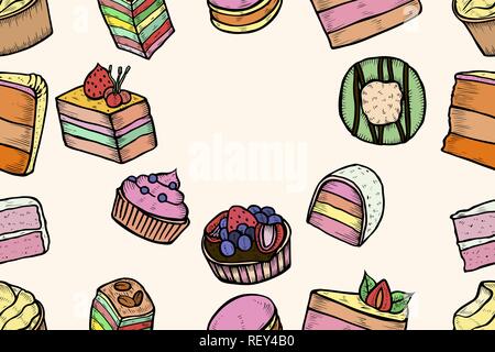Nahtlose Süßigkeiten und Backwaren. Handzeichnung Hintergrund. Vintage Gravur art Illustration. Vektor Essen und Restaurant Design. Auf Anzeichen von confectio Stock Vektor