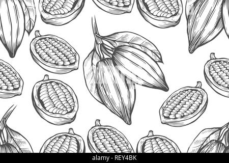 Vektor Kakaobaum Abbildung. Vintage Hintergrund mit Hand mit Blättern, flowres, Früchte und Bohnen gezogen. Botanische nahtlose Muster. Duftig und Stock Vektor