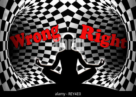 Weibliche yoga Abbildung vor zwei dunklen Tunnel vor der Entscheidung richtig oder falsch. Stockfoto