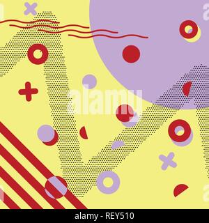 Abstrakte geometrische Muster. Memphis Stil. Retro, hell und bunt. Trendige Farben. Kreise und Linien. Zusammensetzung. Stock Vektor