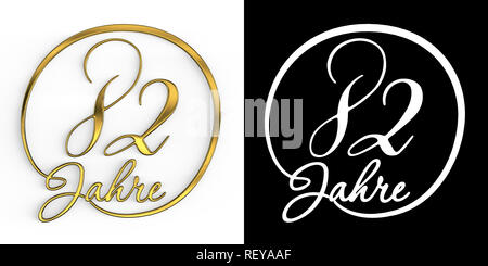 Goldene Zahl 82 Jahre (82 Jahre) in einem Kreis, Ansicht von oben, mit Alpha Kanal. Aus dem Deutschen übersetzt. 3D-Darstellung Stockfoto