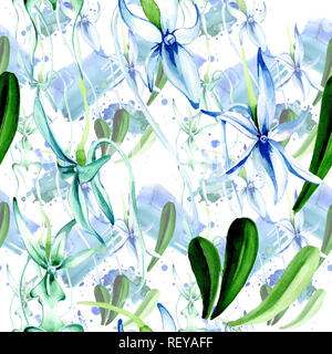 Blau seltene Orchidee. Florale botanischen Blume. Wilder Frühling Blatt. Aquarell Abbildung. Aquarell Zeichnung mode Aquarelle isoliert. Nahtlose bac Stockfoto