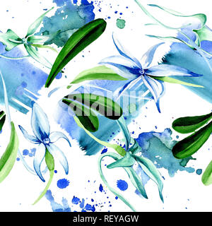 Blau seltene Orchidee. Florale botanischen Blume. Wilder Frühling Blatt. Aquarell Abbildung. Aquarell Zeichnung mode Aquarelle isoliert. Nahtlose bac Stockfoto