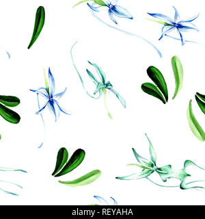 Blau seltene Orchidee. Florale botanischen Blume. Wilder Frühling Blatt. Aquarell Abbildung. Aquarell Zeichnung mode Aquarelle isoliert. Nahtlose bac Stockfoto