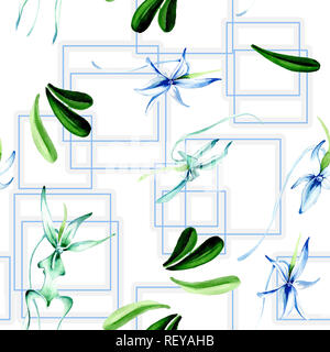 Blau seltene Orchidee. Florale botanischen Blume. Wilder Frühling Blatt. Aquarell Abbildung. Aquarell Zeichnung mode Aquarelle isoliert. Nahtlose bac Stockfoto