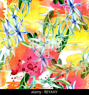 Blau seltene Orchidee. Florale botanischen Blume. Wilder Frühling Blatt. Aquarell Abbildung. Aquarell Zeichnung mode Aquarelle isoliert. Nahtlose bac Stockfoto