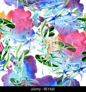 Blau seltene Orchidee. Florale botanischen Blume. Wilder Frühling Blatt. Aquarell Abbildung. Aquarell Zeichnung mode Aquarelle isoliert. Nahtlose bac Stockfoto