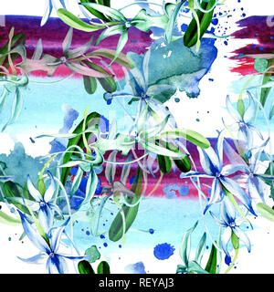 Blau seltene Orchidee. Florale botanischen Blume. Wilder Frühling Blatt. Aquarell Abbildung. Aquarell Zeichnung mode Aquarelle isoliert. Nahtlose bac Stockfoto