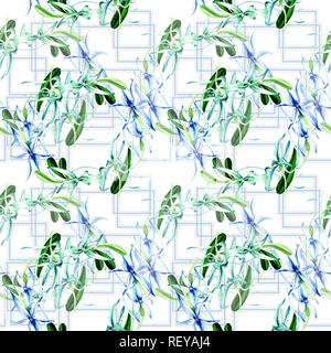 Blau seltene Orchidee. Florale botanischen Blume. Wilder Frühling Blatt. Aquarell Abbildung. Aquarell Zeichnung mode Aquarelle isoliert. Nahtlose bac Stockfoto