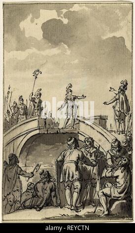 Die Friedensverhandlungen zwischen Claudius Civilis und Petilius Cerealis auf der zerstörten Brücke, 70. Verfasser der Stellungnahme: Jacobus kauft. Datierung: 1779 - 1784. Maße: H 148 mm x B 90mm. Museum: Rijksmuseum, Amsterdam. Stockfoto