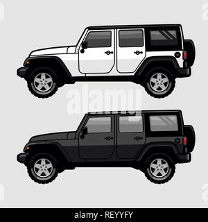 Rot und Orange 4x4 Off Road Jeep SUV Seitenansicht Abbildung im Comic-stil. Expedition Off Roader flachbild Vektor. Stockfoto