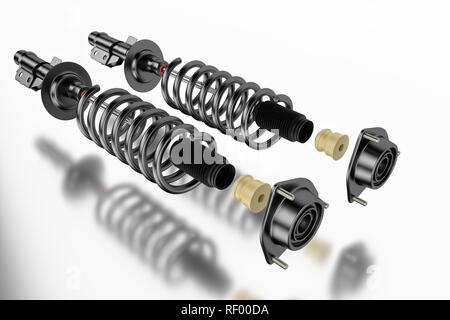 3D-Rendering. Pkw Stoßdämpfer mit Staubkappe, Puffer, die Montage und die Stütze am Katalysator Stockfoto