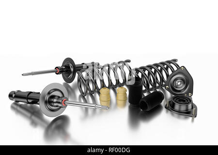 3D-Rendering. Pkw Stoßdämpfer mit Staubkappe, Puffer, die Montage und die Stütze am Katalysator Stockfoto