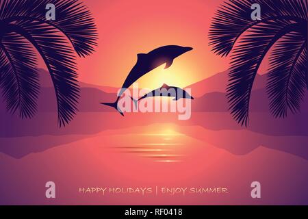 Sommerurlaub Postkarte Sonnenuntergang Meer Delfine und Palm Vector EPS Abbildung 10 Stock Vektor