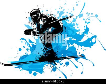 Silhouette eines Skifahrers whit Schnee. Vector Illustration Stock Vektor