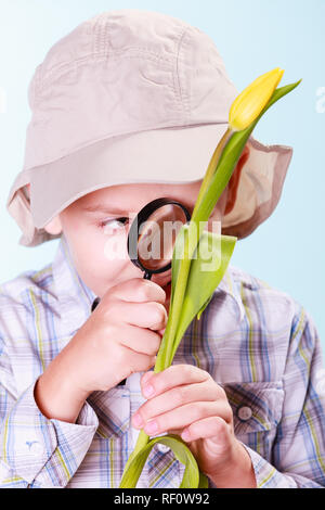Frühe Bildung Natur und Biologie. Kleiner Junge Blume mit Lupe untersuchen. Stockfoto