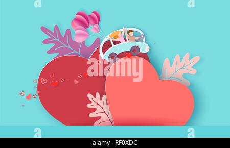 Valentines Tag Karte mit ein paar blauen Bus fahren mit Ballons über grosse rote Herz auf blauem Hintergrund. Vektor Papier art Illustration. Papier geschnitten und Handwerk Stil. Stock Vektor