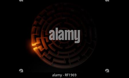 3D-kreisförmigen Labyrinth mit einem hellen roten Blitz Stockfoto