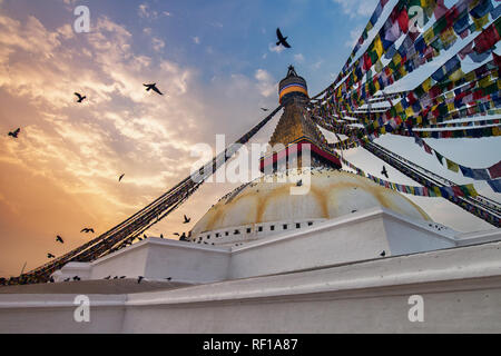 Boudhanath Stupa in Kathmandu bei Sonnenuntergang Stockfoto