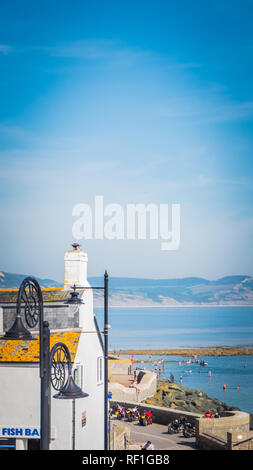 Anzeigen von Lyme Regis Urlaub bucht von der Lyme Regis Stadt mit Schale geformte Straße Licht auf Jurassic Coast, Dorset, im Englischen Kanal in Großbritannien Stockfoto