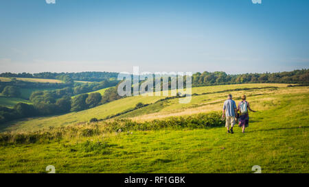 Ein paar ist Laufen mit Deutscher Schäferhund Hund an der Küste der Weg in den grünen britische Landschaft auf dem Hügel an einem heissen Sommertag in der Nähe von Sidmouth, Devon Stockfoto