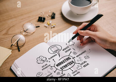 Teilweise mit Blick auf die Frau schreiben Marketing Strategie im Notebook am Arbeitsplatz mit Brillen und Tasse Kaffee Stockfoto