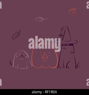 Halloween Hund in Hut, Welpen in Ghost Kostüm und Kürbis. Vector Illustration Stock Vektor