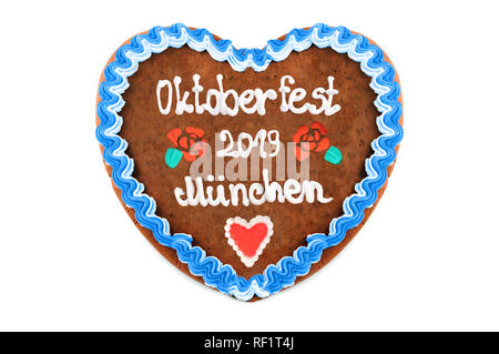 Oktoberfest 2019 Lebkuchenherz mit weißem Hintergrund isoliert. Oktober Festival ist ein saisonales Bier Veranstaltung in München (Deutschland). Traditionellen Herzen Ca Stockfoto