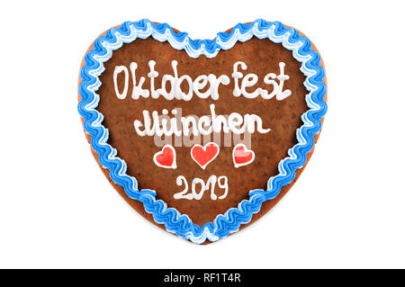 Oktoberfest 2019 Lebkuchenherz mit weißem Hintergrund isoliert. Oktober Festival ist ein saisonales Bier Veranstaltung in München (Deutschland). Traditionellen Herzen Ca Stockfoto