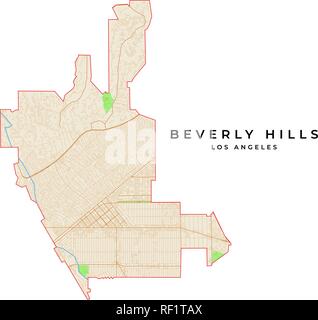 Vektorkarte von Beverly Hills, Los Angeles, USA. Verschiedene Farben für Straßen, Parks, Wasser und Grenze. Stock Vektor