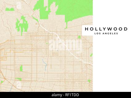 Vektorkarte von Hollywood, Los Angeles, USA. Verschiedene Farben für Straßen, Parks, Wasser und Grenze. Stock Vektor