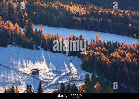 Einsames Haus im Wald in Surround w St. Maddalena Dorf, Dolomiten, Italien Stockfoto