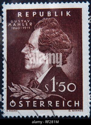 Gustav Mahler, österreichischer Komponist und Musiker, Porträt auf eine Österreichische Briefmarke, Schweden Stockfoto