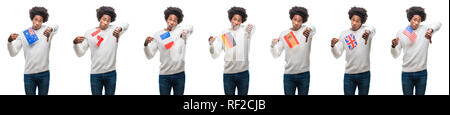 Collage der afrikanischen amerikanischen Jungen Mann mit Flaggen von Ländern über isolierte Hintergrund mit Verärgerten Gesicht, negatives Vorzeichen zeigen Abneigung mit Daumen Stockfoto