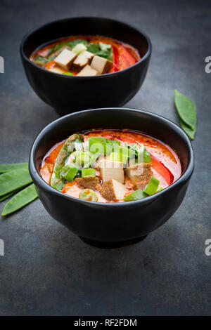 Schalen von Red Thai Curry mit Schnee Erbsen, Karotten, Paprika, Frühlingszwiebeln und geräucherter Tofu Stockfoto