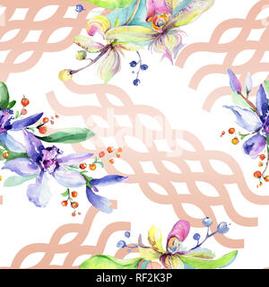 Rosa und Lila Orchidee. Wild Federblatt wildflower. Aquarell Abbildung. Aquarell Zeichnung mode Aquarelle isoliert. Nahtlose zurück Stockfoto