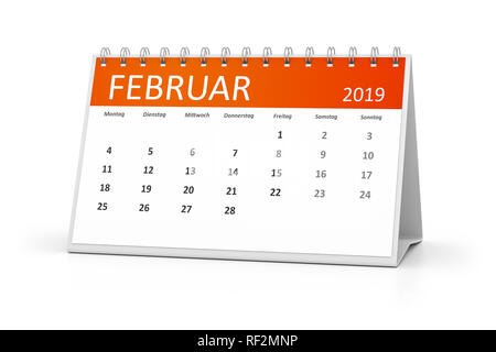 Eine Tabelle Kalender für Ihre Veranstaltungen 2019 Februar in deutscher Sprache 3D-Darstellung Stockfoto