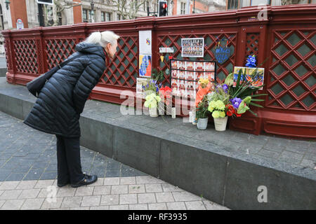 LondonUK. 24. Januar 2019. Ein Zuschauer sieht im Heiligtum außerhalb der Venezolanischen Botschaft in London für die gefallenen Opfer während des beliebten uprsing gegen die Regierung von Nicolas Maduro. Juan Guaido hat sich Interim Präsident Venezuelas, die schnell von US-Präsident Trumpf im Kampf gegen Präsident Maduro, deren Vorsitz Guaido Auffassung "illegitim" erklärt. Credit: Amer ghazzal/Alamy leben Nachrichten Stockfoto