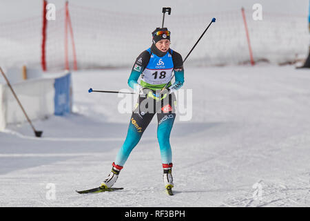 Lenzerheide, Schweiz, 24. Januar 2019. Myrtille Begue während der 2019 IBU Biathlon WM Frauen 7,5 km Sprint Wettbewerb in Lenzerheide. Stockfoto