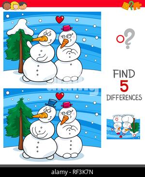 Cartoon Illustration von fünf Unterschiede zwischen Bilder Lernspiel für Kinder mit Schneemänner in der Liebe Stock Vektor