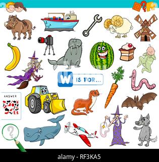 Cartoon Abbildung: Bild suchen Beginnend mit Buchstabe W Lernspiel Arbeitsbuch für Kinder Stock Vektor